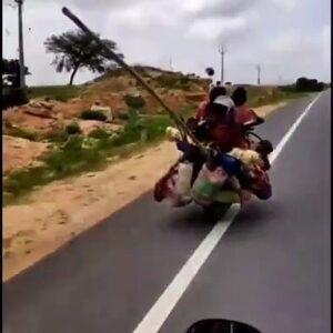 A family of 7 with two dogs on a motorcycle